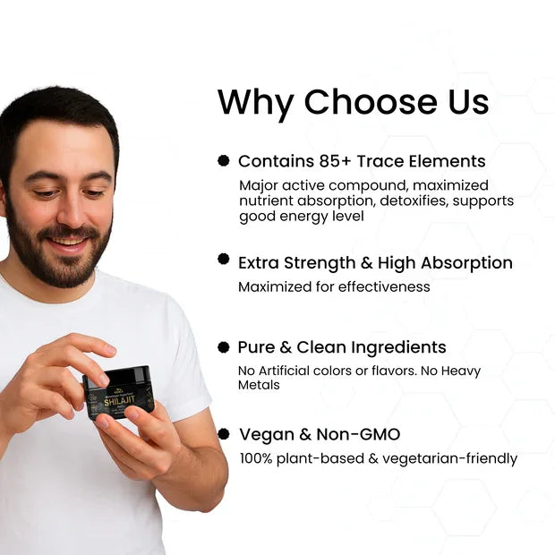 Man holding Himalayan Shilajit jar, benefits list for plant-based vegan supplement.