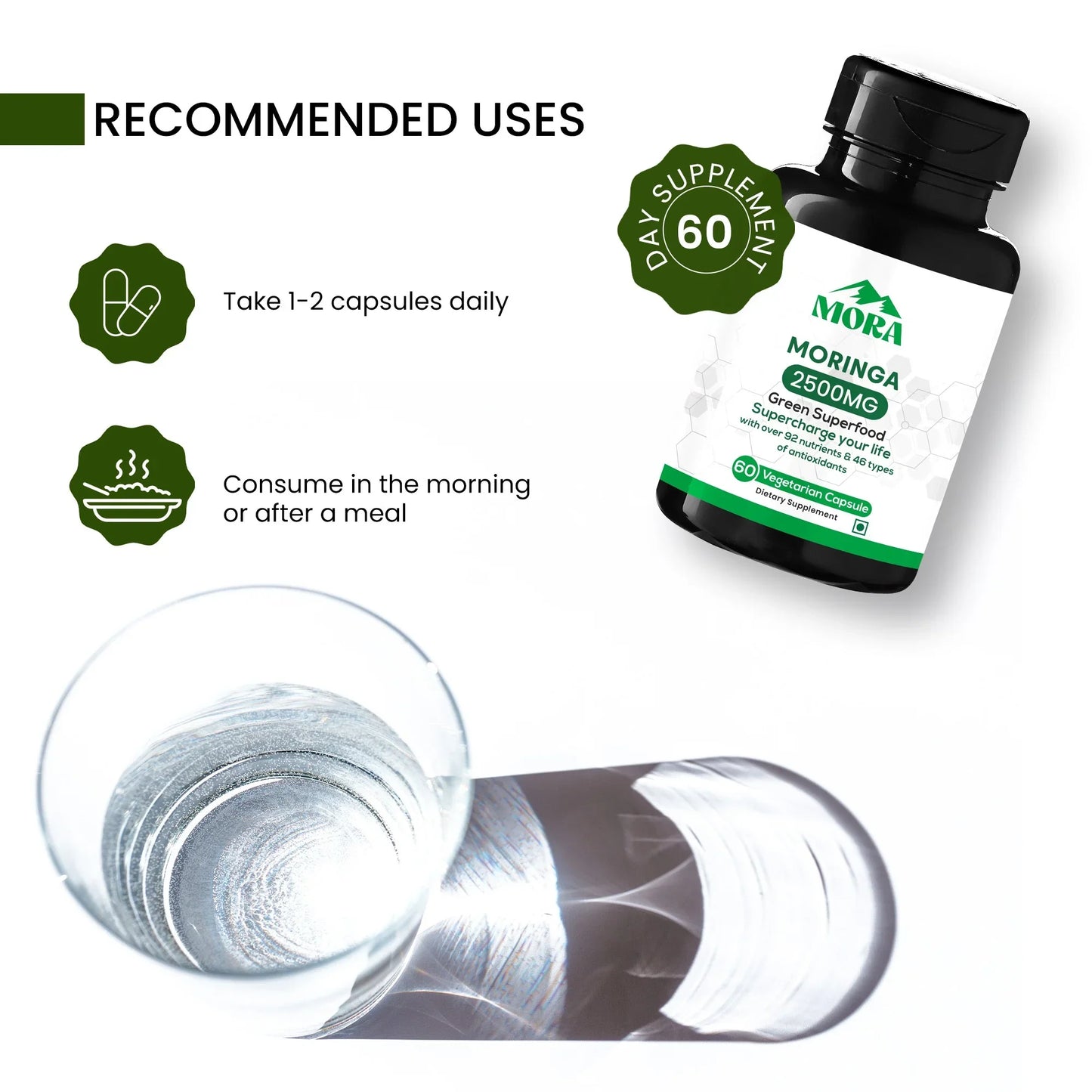 Moringa 2500mg supplement bottle, recommended uses, and glass of water for daily capsule intake.