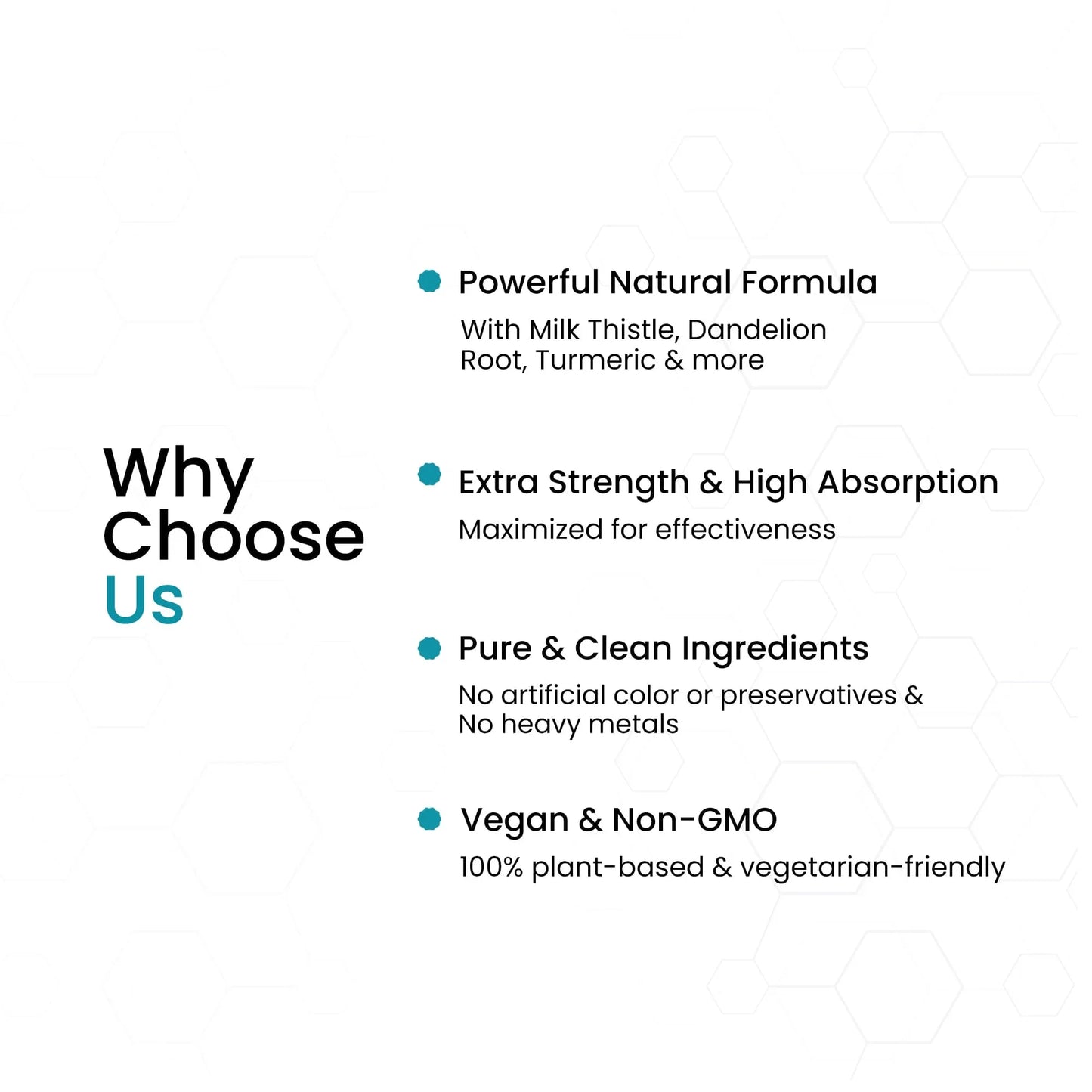 Benefits of herbal supplements highlighted, including natural formula, high absorption, pure ingredients, and vegan non-GMO qualities, on a clean white background.