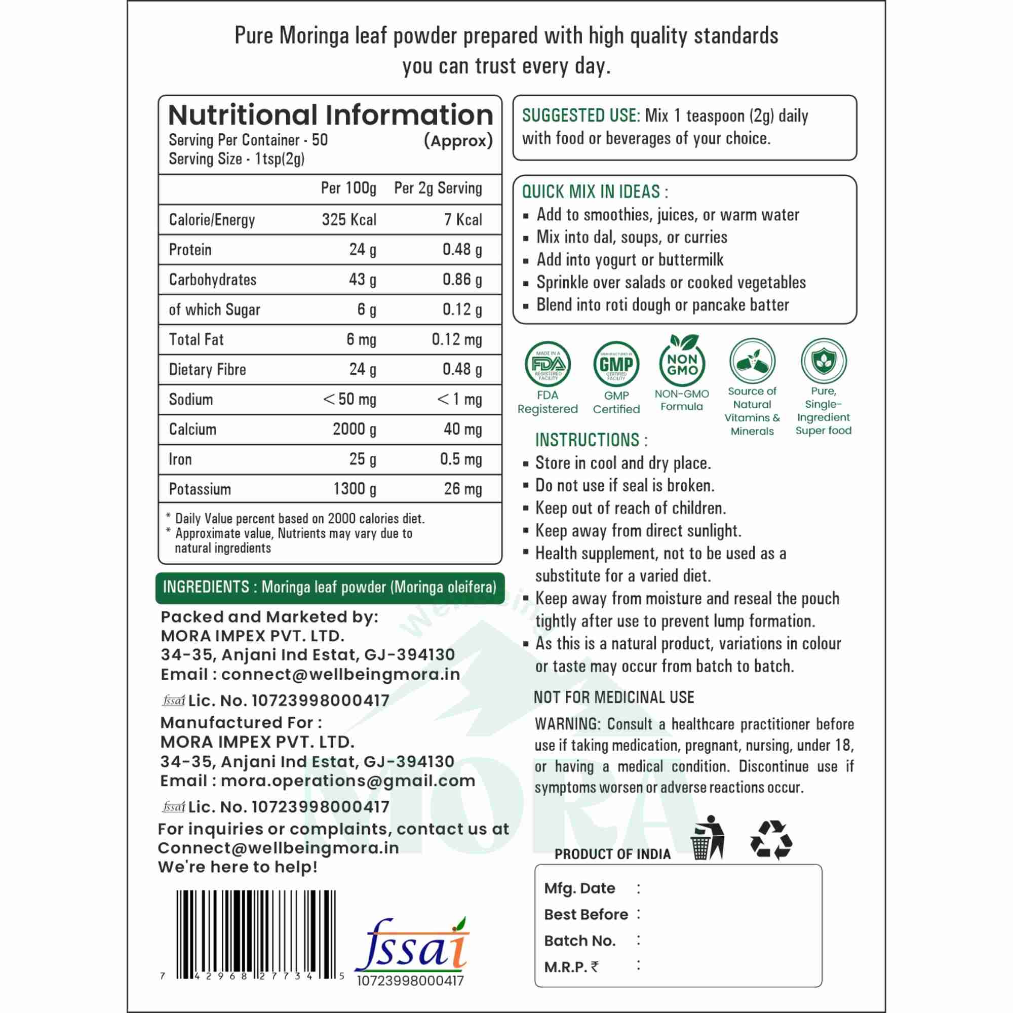 Moringa leaf powder nutrition label with supplement facts, usage instructions, and certifications