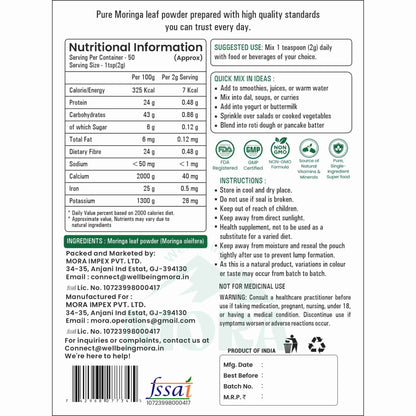Moringa leaf powder nutrition label with supplement facts, usage instructions, and certifications