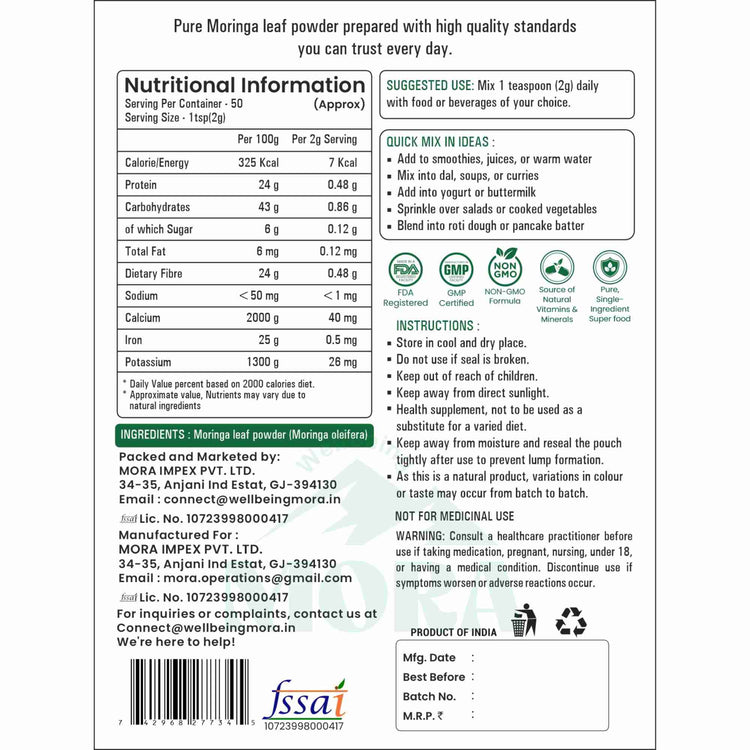 Moringa leaf powder nutrition label with supplement facts, usage instructions, and certifications
