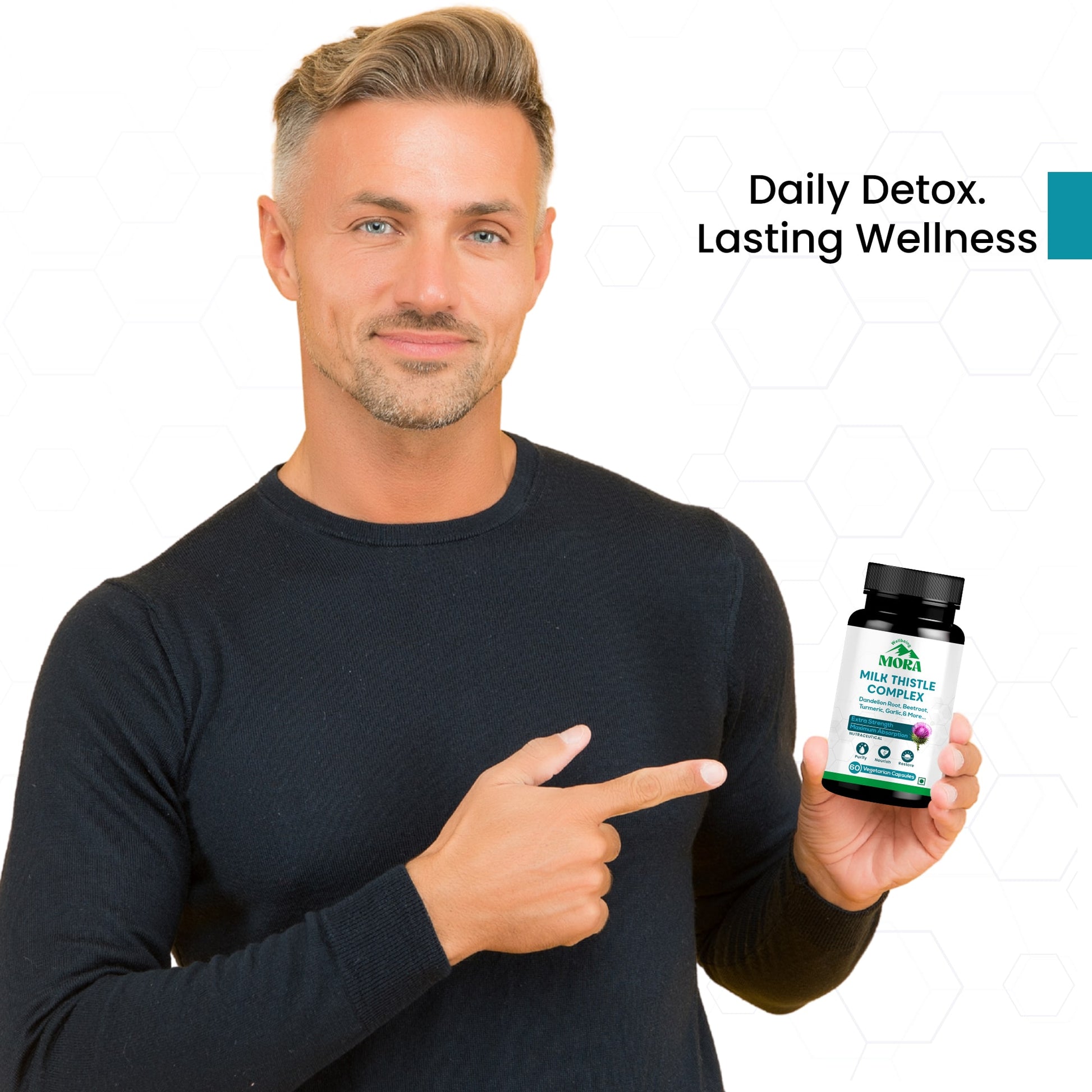 Man holding a supplement bottle with 'Daily Detox. Lasting Wellness' text on a white background