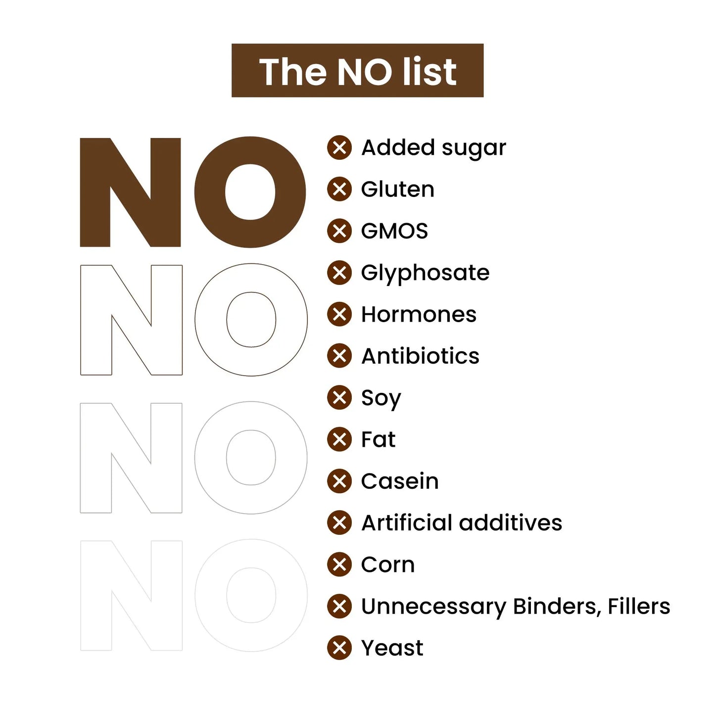 List showing herbal supplement free from added sugar, gluten, GMOs, hormones, soy, and additives.