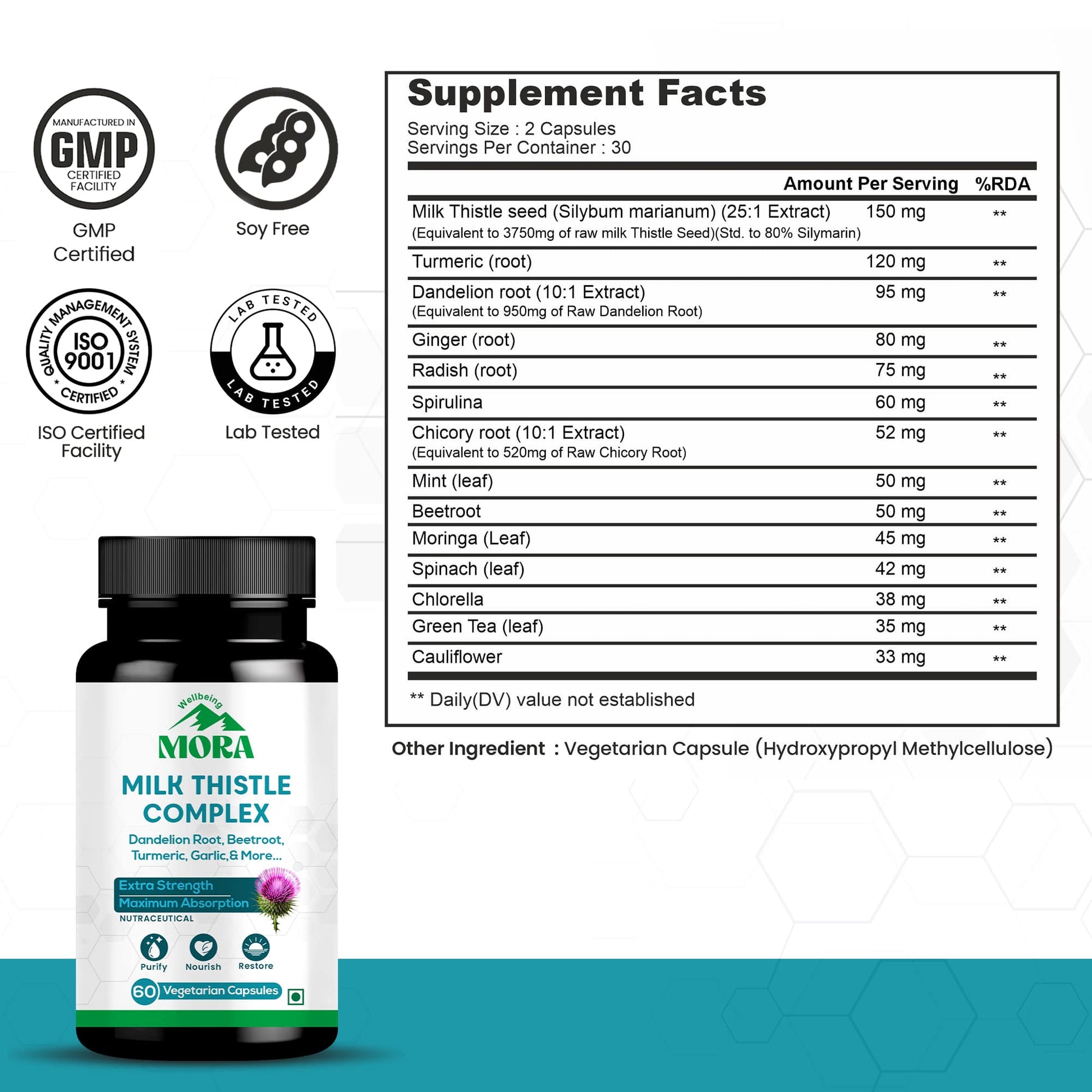 MORA Milk Thistle Complex supplement bottle with label and supplement facts on a teal background
