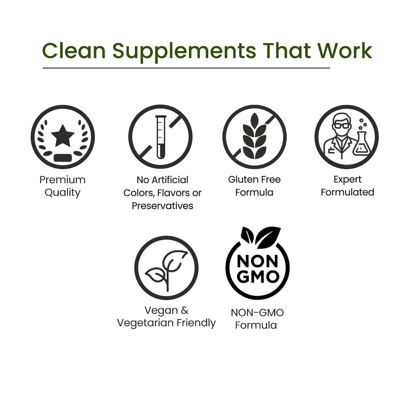 Supplement icons highlighting premium quality, gluten free, vegan, non-GMO, and no additives