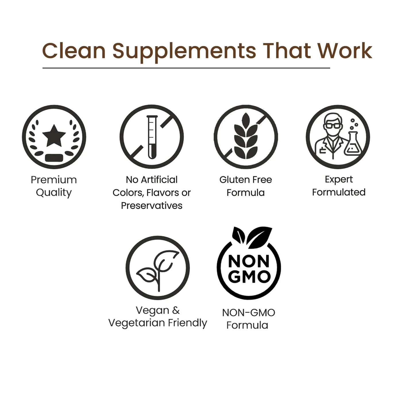 Icons showing clean supplements benefits: premium quality, vegan, gluten free, non-GMO, no artificial additives, expert formulated.