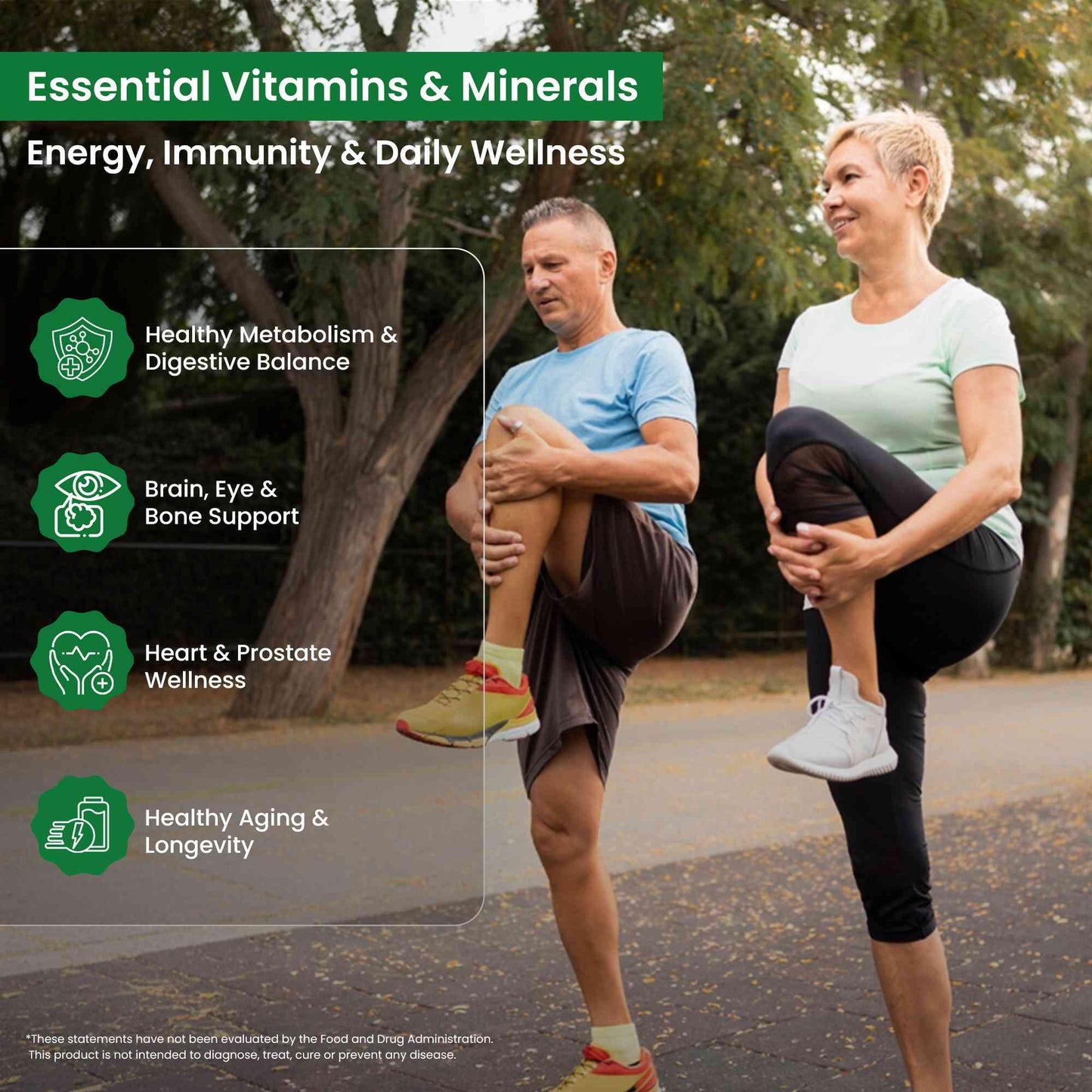Active middle-aged couple exercising outdoors with essential vitamins and minerals benefits listed, including energy, immunity, and wellness support.