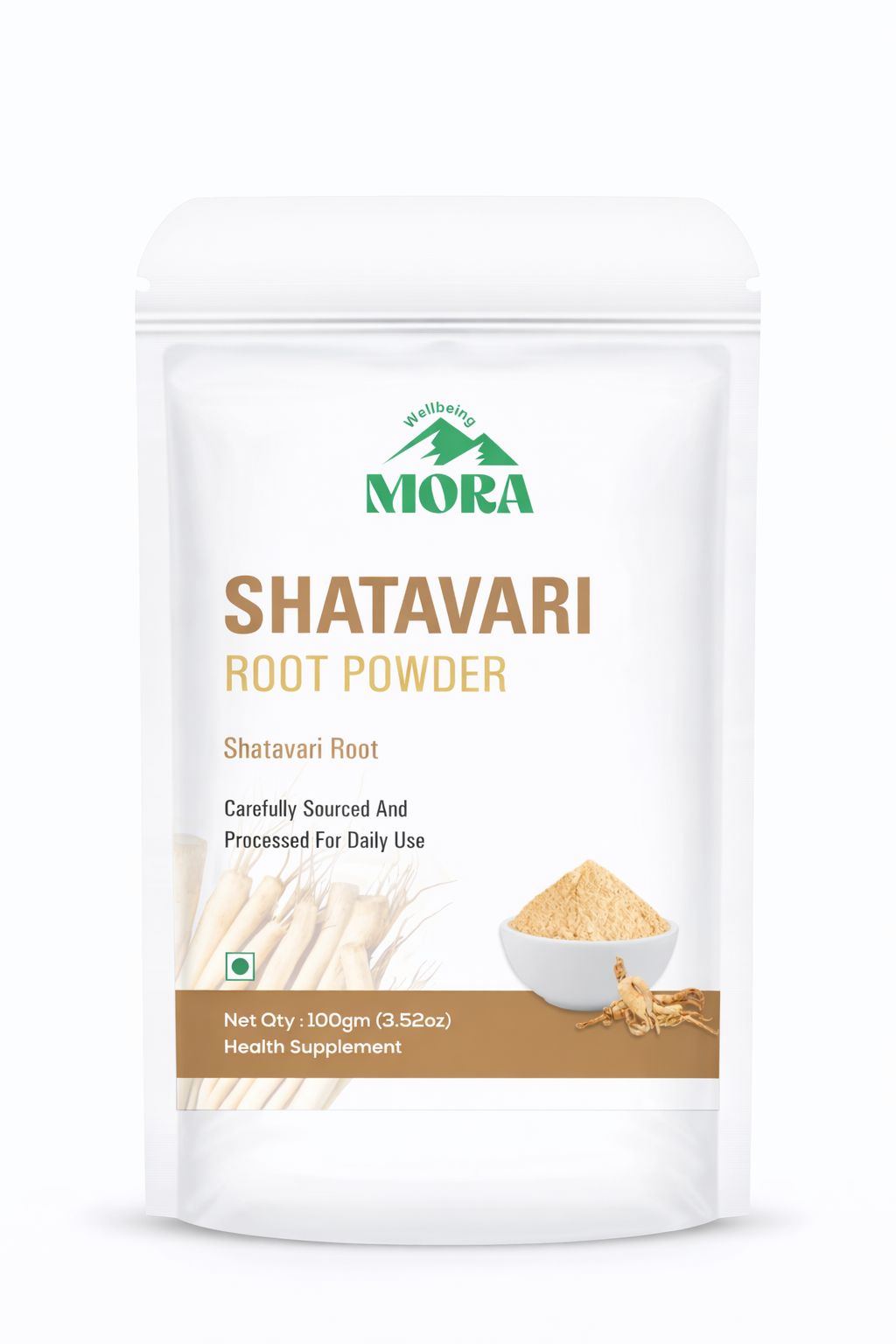 Shatavari root powder pouch, 100g health supplement with root illustration and powder bowl