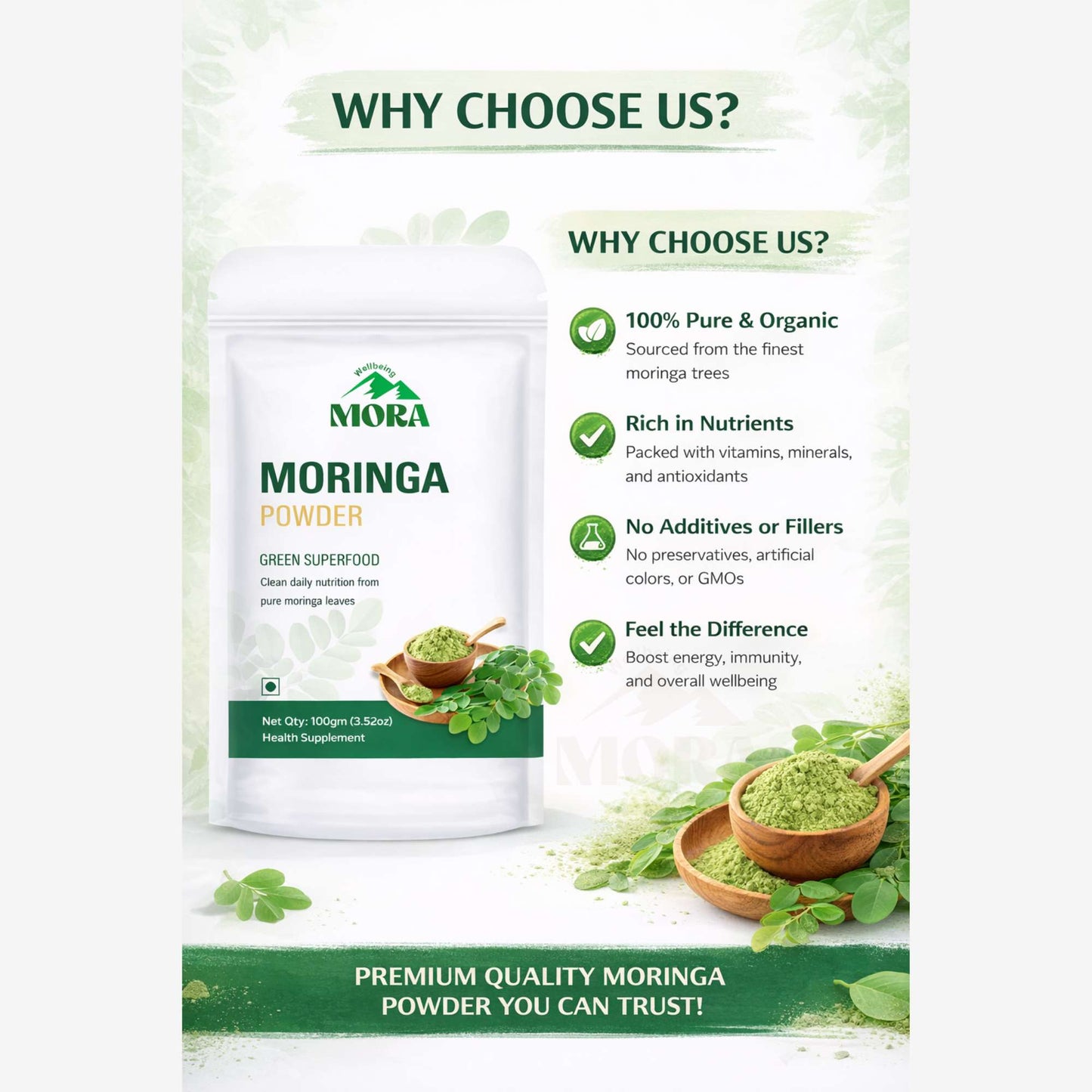 Moringa powder supplement pouch with green leaf, wooden spoon, and nutritional benefits list