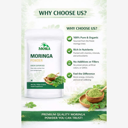 Moringa powder supplement pouch with green leaf, wooden spoon, and nutritional benefits list