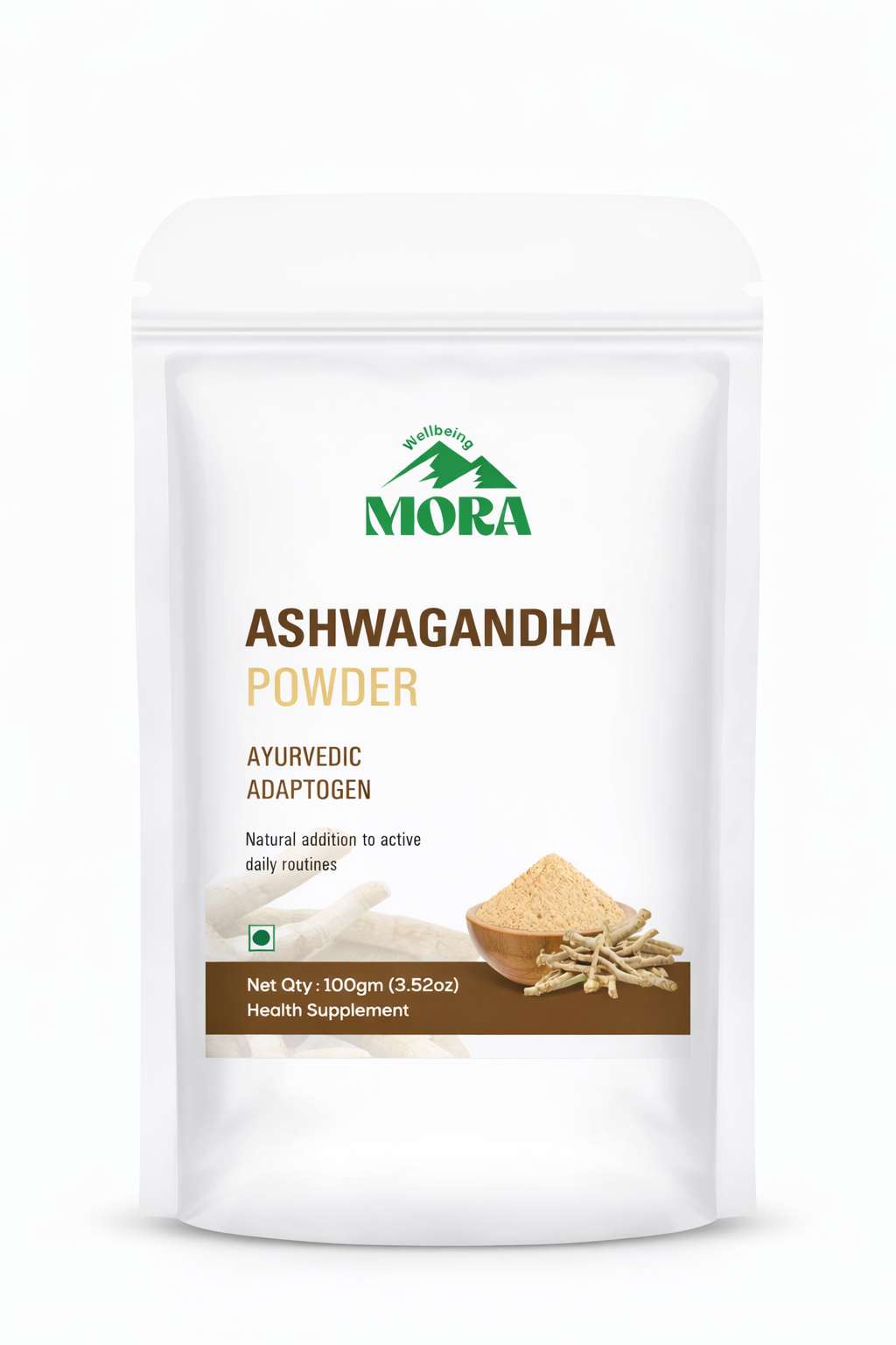 Ashwagandha powder pouch supplement with root and powder, ayurvedic adaptogen health product