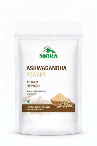 Ashwagandha powder pouch supplement with root and powder, ayurvedic adaptogen health product