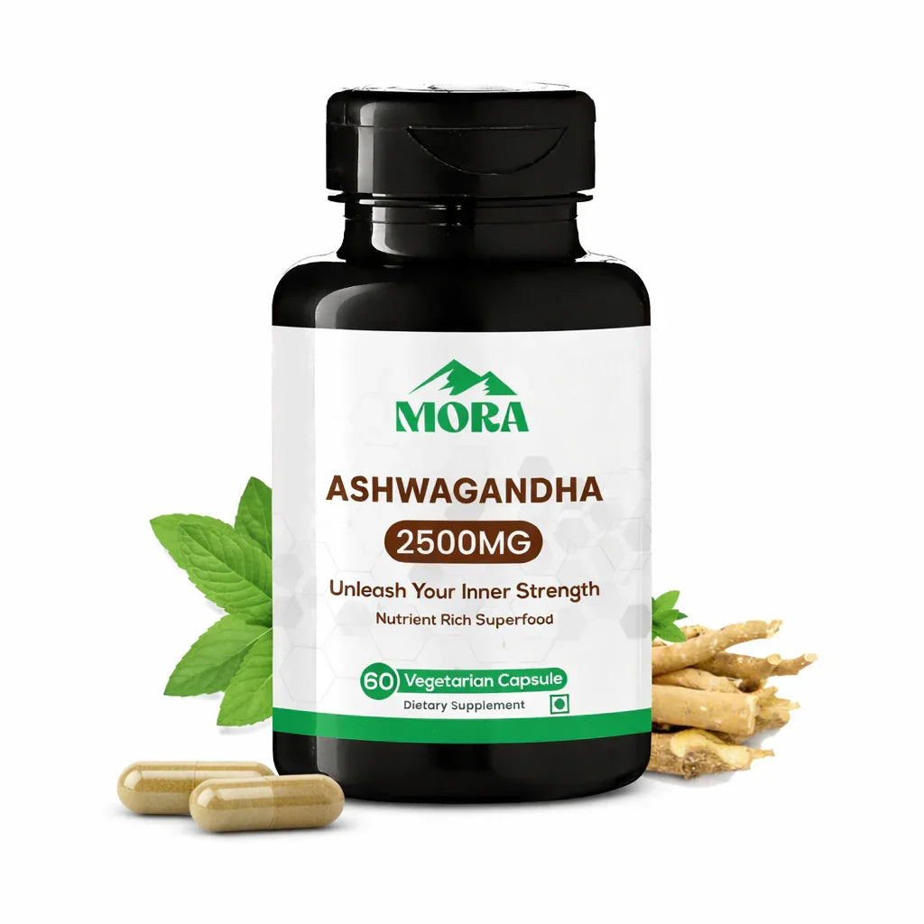 Ashwagandha 2500mg supplement bottle with capsules, roots, and green leaves