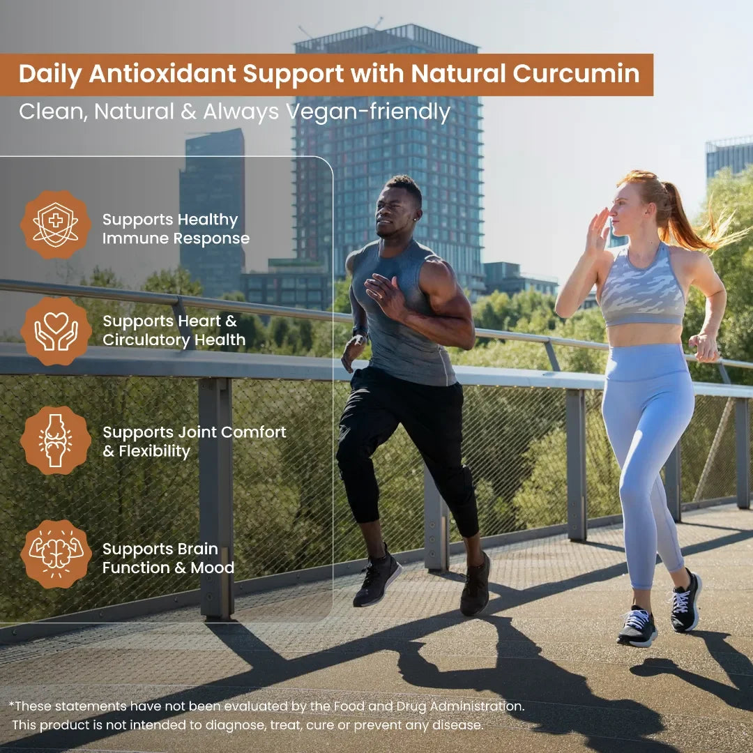 Active man and woman jogging outdoors, text promotes natural curcumin for antioxidant support, vegan supplement benefits.