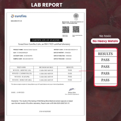 Lab report certificate showing beetroot extract capsules passed heavy metals safety test