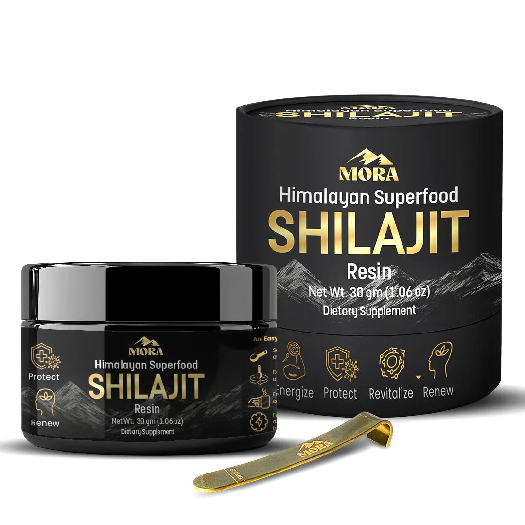 Himalayan Shilajit resin dietary supplement jar and box with gold measuring spoon