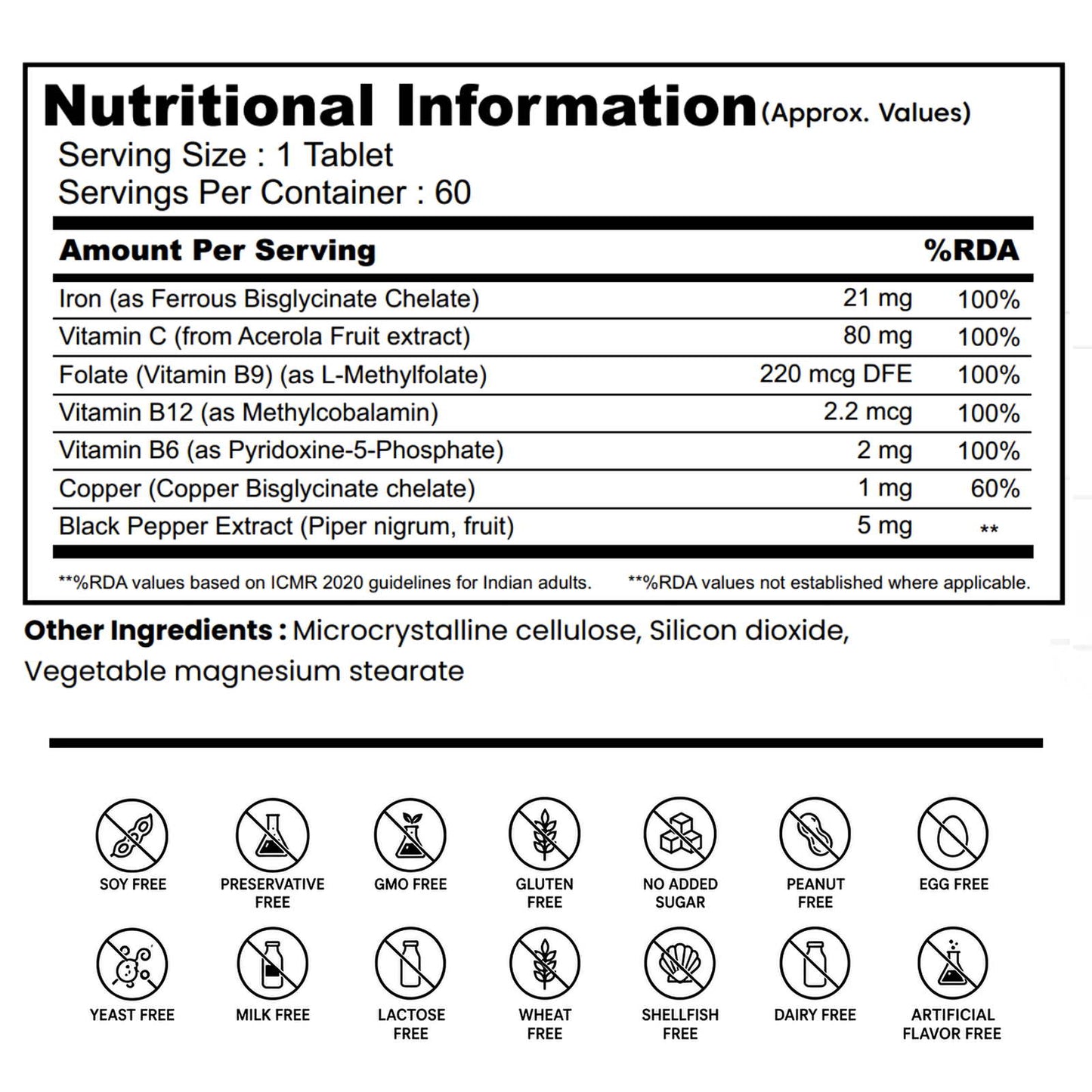 Iron Bisglycinate supplement with Vitamin C, Folate & B12 - Raise Haemoglobin | 60 Veg Tablets