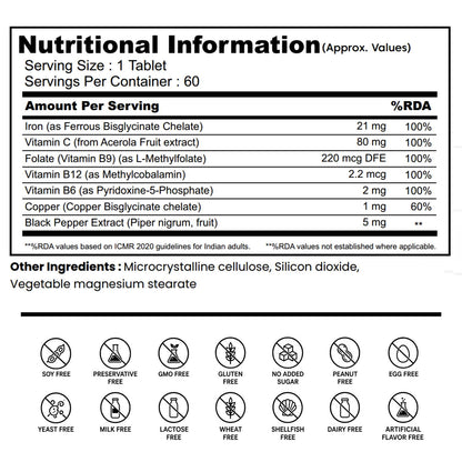 Iron Bisglycinate supplement with Vitamin C, Folate & B12 - Raise Haemoglobin | 60 Veg Tablets