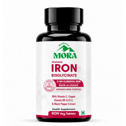 Iron Bisglycinate supplement with Vitamin C, Folate & B12 - Raise Haemoglobin | 60 Veg Tablets