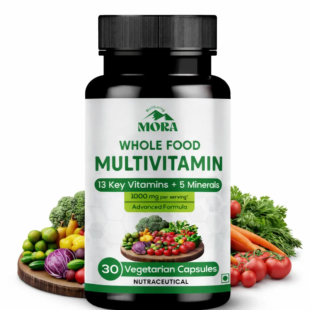Whole food multivitamin bottle with 30 vegetarian capsules, surrounded by fresh vegetables, promoting vitamins and minerals supplement.